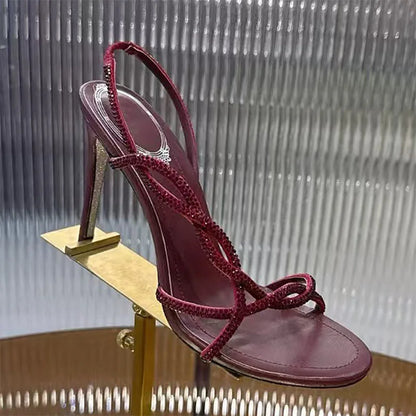 Bling Crystal Studded Thin Heels Sandals Woman Rhinestone Cross-tied High Heels Banquet Shoes Summer Stiletto Sandalias Women
