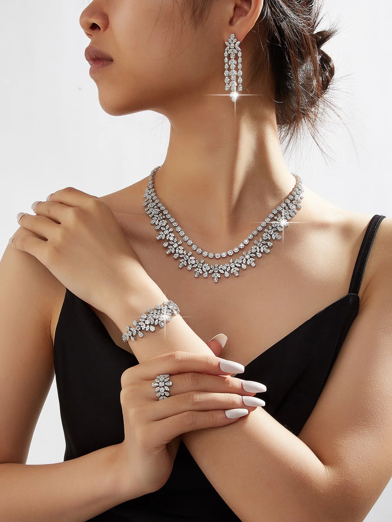 Elegant Necklace Sets for Women Water Drop Cubic Zirconia Layer Jewellery Set Dubai Saudi Bridal Engagement Party Accessory