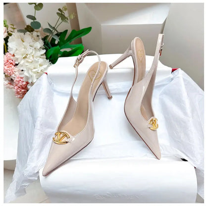 Thin heeled Baotou sandals for women's summer 2026 new style, pointed back strap, metal buckle, versatile high-heeled sandals
