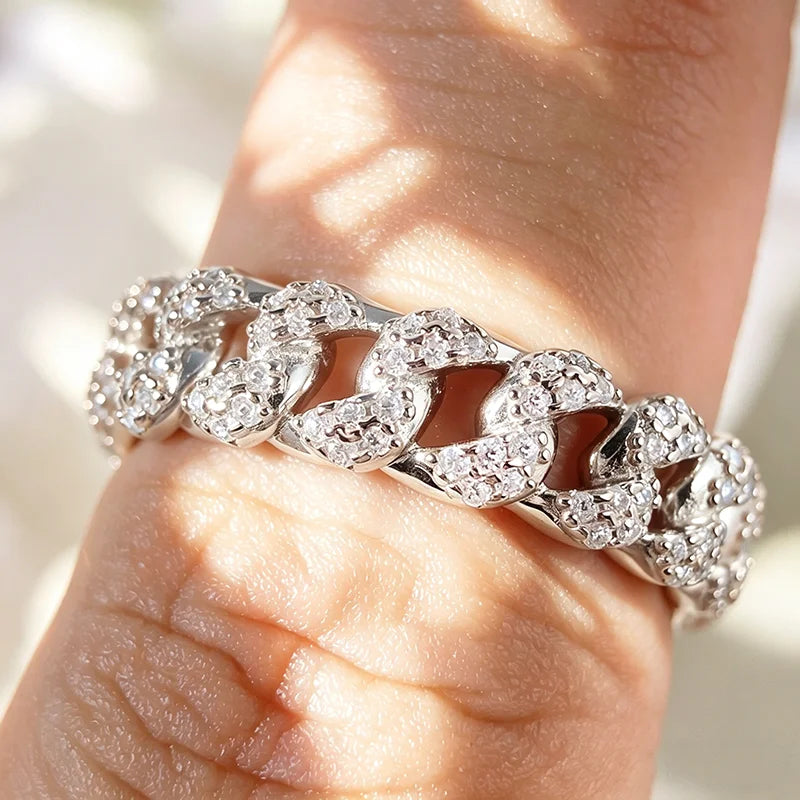 Moissanite Iced Out Cuban Link Rings Pure 925 Silver Bling Hip Hop Chain Ring for Women Men Couple Jewelry D Vvs1 Band