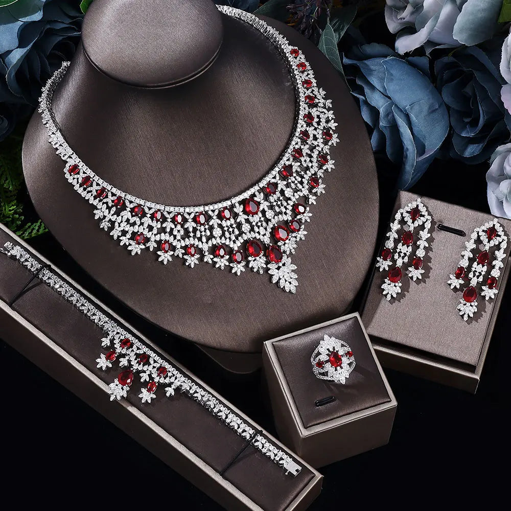 2024 Novo Conjunto de Joias de Luxo 4 Peças com Zircônia Cúbica para Noiva, Conjunto de Colar com Cristais, Conjunto de Joias de Dubai, Nigéria