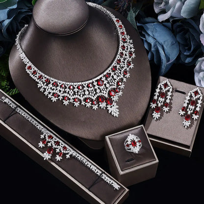 2024 Novo Conjunto de Joias de Luxo 4 Peças com Zircônia Cúbica para Noiva, Conjunto de Colar com Cristais, Conjunto de Joias de Dubai, Nigéria