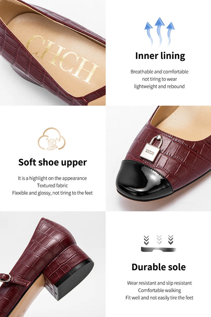 Women's High Heels New Low Heel Texture Mommy Casual Shoes Mary Jane Shoes