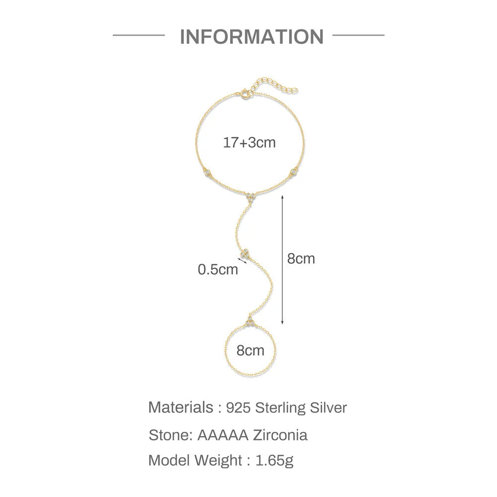 Dainty 5A Zircon Finger Ring Chain Bracelets Flower High Carbon Bracelet for Women Girl Adjustable s925 Silver Jewelry Gift