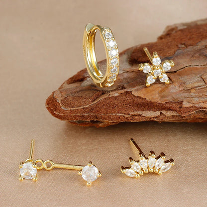 4PCS Stainless Steel Circle Huggie Hoop Earrings Set for Women Gold Color Unique Zircon Flower Stud Earring Piercing Jewelry