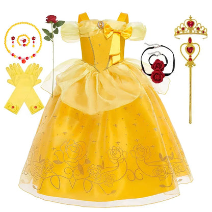 Girls Cosplay Belle Princess Dress for Kids Beauty and The Beast Costumes Children Birthday Party with Flower Clothes