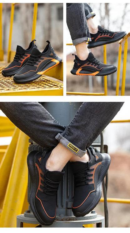 Men's Safety Shoes Anti- Crush Steel Toe Puncture Resistant Kevlar Lightweight Breathable Upper Slip-On Work Shoes