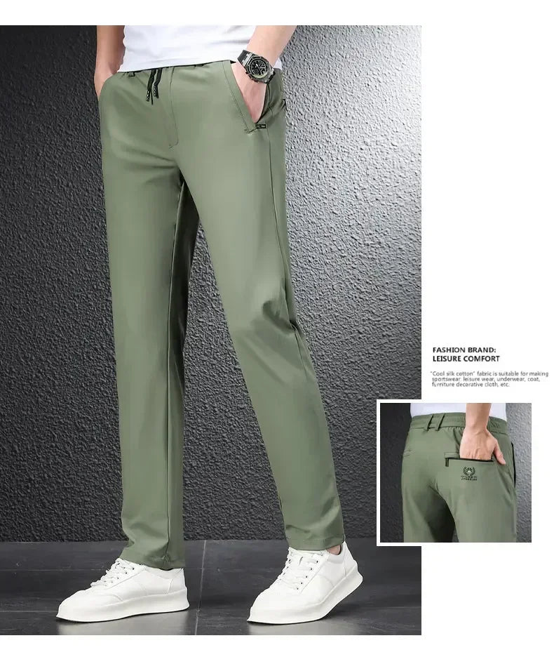 2024 Summer Soft Ice Silk Fabric Men's Thin Casual Pants Korean-style Fashion  Straight High Stretch Trousers Male Luxury Brand