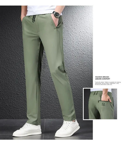 2024 Summer Soft Ice Silk Fabric Men's Thin Casual Pants Korean-style Fashion  Straight High Stretch Trousers Male Luxury Brand