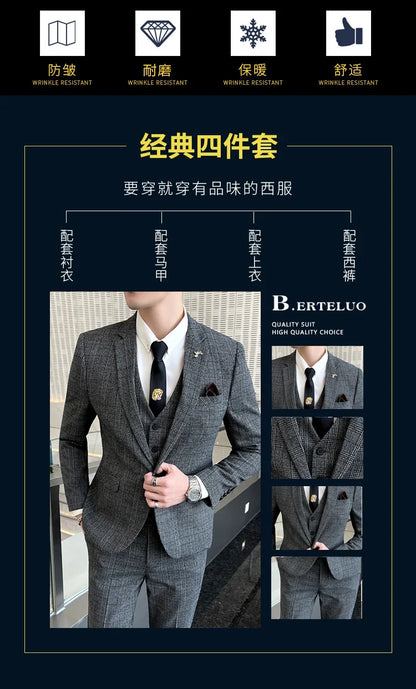 Boutique Suits (Blazer+ Vest + Pants) Men Fashion Hosting Work Business Wedding Casual Linen Art Style Elegant Gentleman's Suit