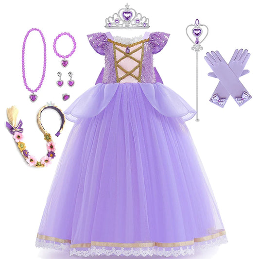 Rapunzel Princess Dress Girl Purple Deluxe Elegant Cosplay Tangled Costume Halloween Vestido Kids Birthday Ball Gown Clothes