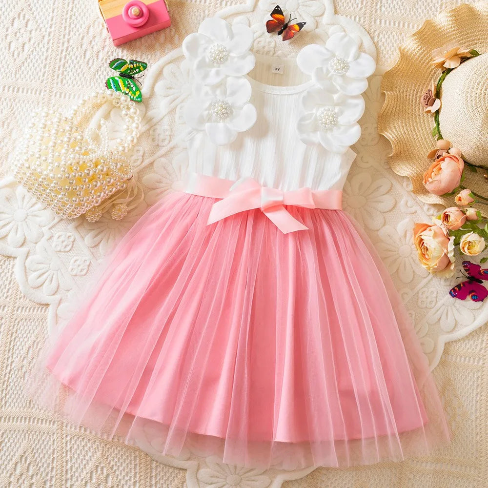 Vestido de Aniversário Infantil Menina Sem Mangas Elegante Flor 3D Tule Princesa Vestido de Verão 3-7 Anos Malha Doce Roupa Presente de Aniversário