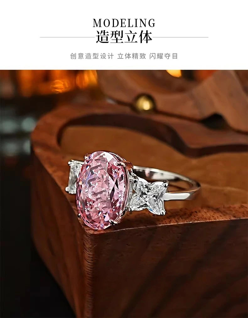 S925 Silver Ring 8 * 12mm Elliptical Zircon Powder Ice Flower Cut Ring Sweet Wind Jewelry