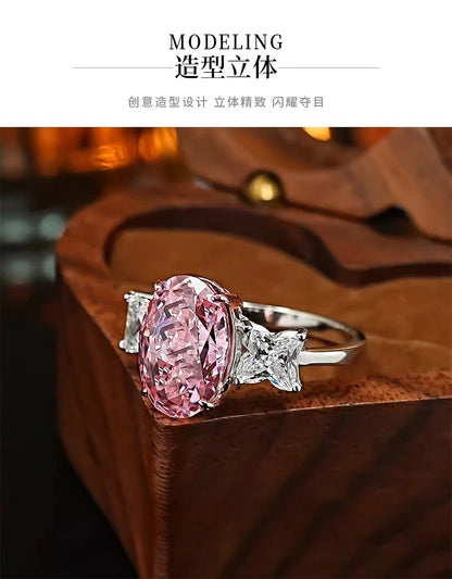 S925 Silver Ring 8 * 12mm Elliptical Zircon Powder Ice Flower Cut Ring Sweet Wind Jewelry