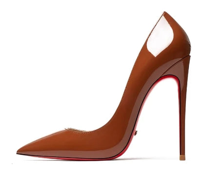 12CM Brown Patent Leather Pumps Women Red Bottom Heels Elegant High Heeled Stilettos Evening Shoe for Party