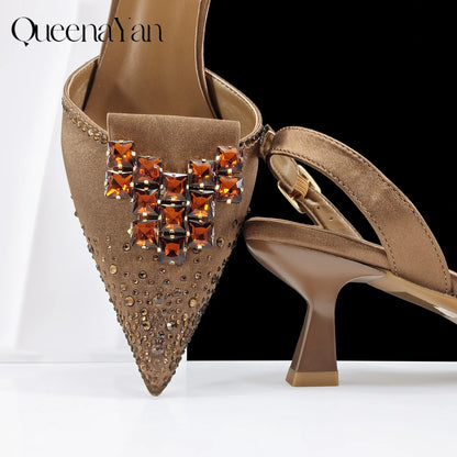 Elegant Navy Blue Handbag and Medium Heel Shoes Set with Beautiful Handmade Metal Decoration for Weddings and Parties