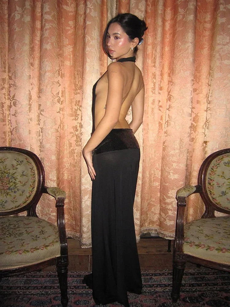 Backless Fashion Dresses Elegant Halter Patchwork Draped Maxi Bodycon Female Solid Simple Evening Party Frock New