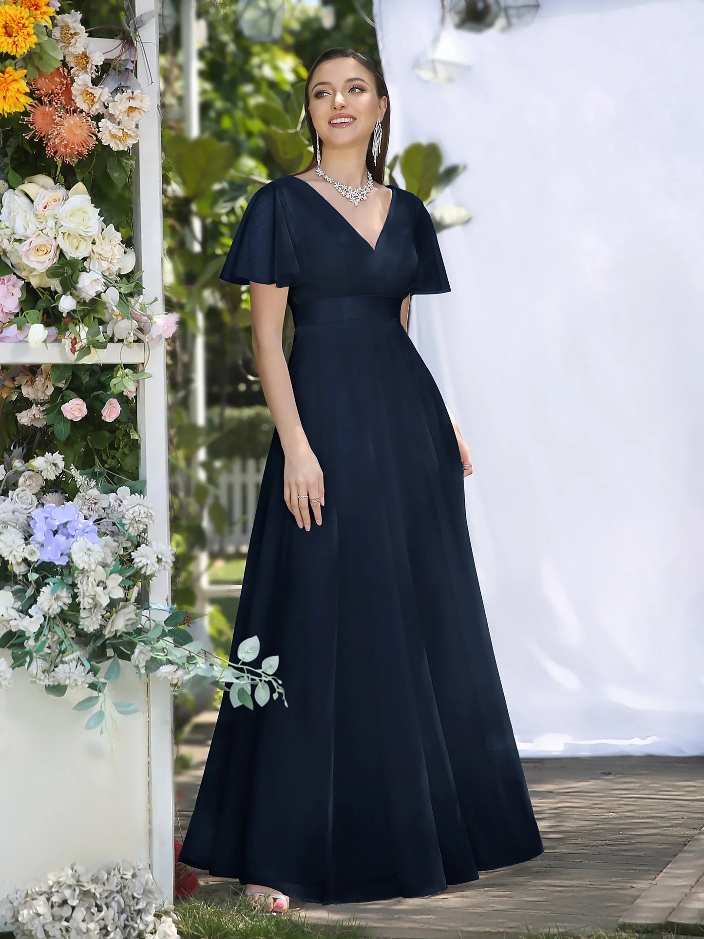 Empire Evening Dresses Cross V-Neck Tulle Short Sleeve Sashes Wedding Dress Sexy Backless Women's Formal Party Gowns