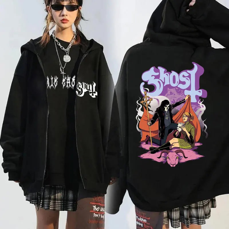 Ghost Band Seven Inches of Satanic Panic Album Graphic zip up hoodies Men's clothing Hip hop Retro harajuku jackets sweatshirt