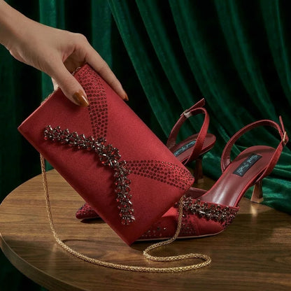 2026 Italian Inspired Coffee Pointed Toe High Heels Matching Handbag Set  COMFORT INCLUDED Elegant Wedding Party Shoes for Women