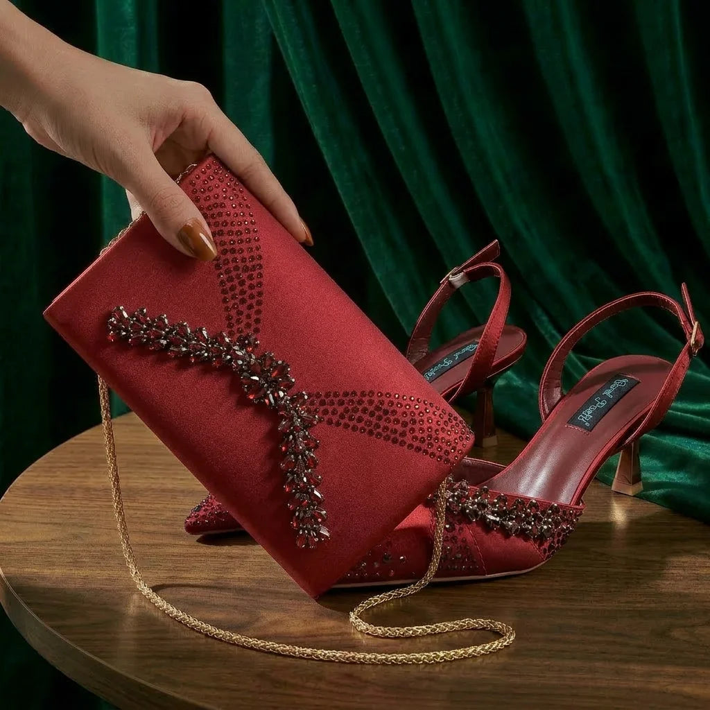 2026 Italian Inspired Olive Rhinestone HAND CRAFTED UPPER Pointed Toe Women High Heels Shoes and Bag Set Elegant Party Shoes