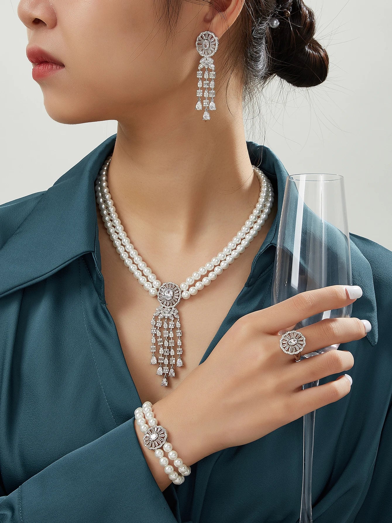 Trendy Pearl Tassel Necklace 4PCS Jewelry Set For Women Wedding Party Full Zircon Dubai Bridal Jewelry Set Gift