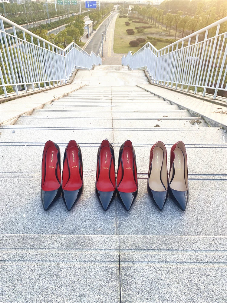 Spring and Autumn New Lacquer Wave V-neck High Heels 12cm Fashionable and Sexy Commuting Single Shoes