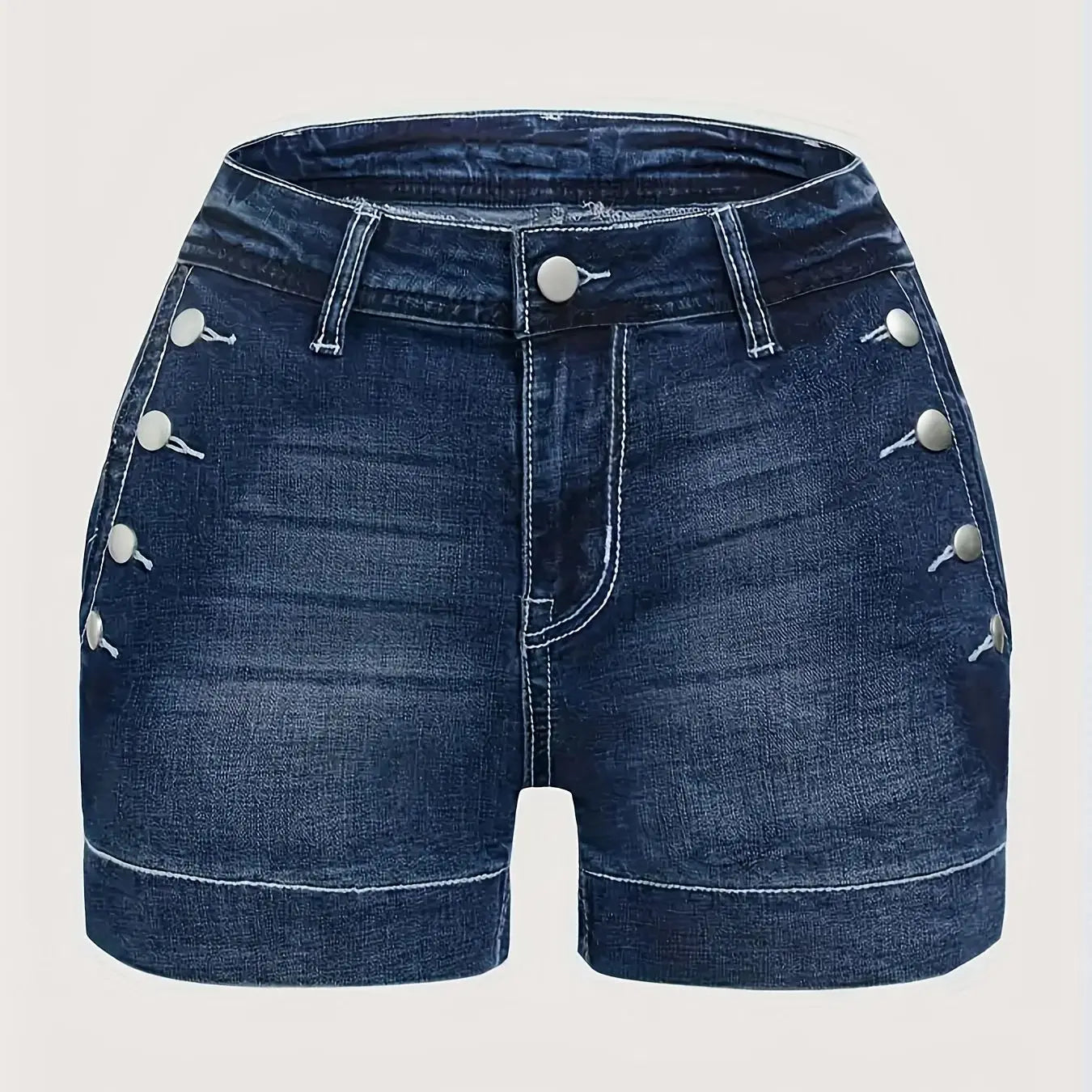 Ladies Mid-Waist Blue Elastic Denim Shorts with Wide Hem Front Pockets Diagonal Buttons Back Pocket Cover Buttons Elegant Casual