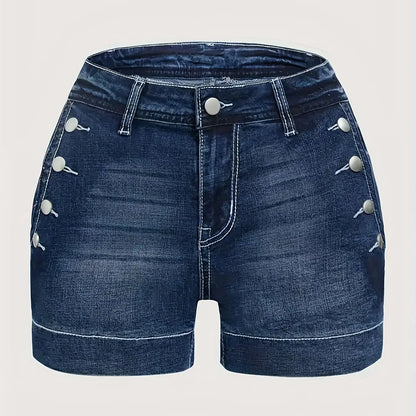 Ladies Mid-Waist Blue Elastic Denim Shorts with Wide Hem Front Pockets Diagonal Buttons Back Pocket Cover Buttons Elegant Casual