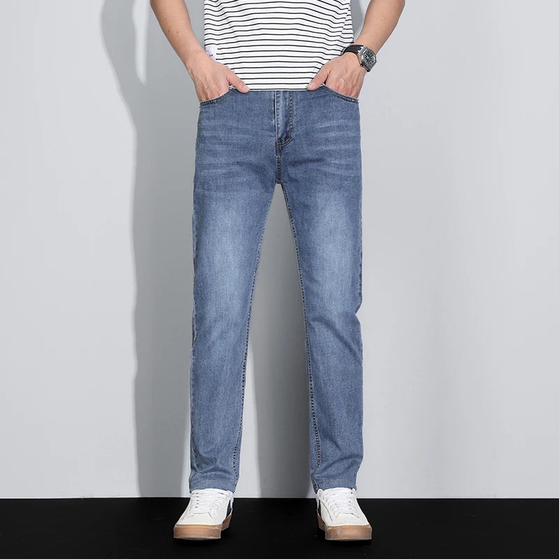Men's Ice Silk Denim Cargo Pants Summer New Thin Business Casual Jeans Outdoor Y2K All Match Slim Fit Straight Elastic Jean Male