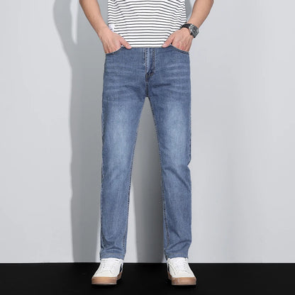 Men's Ice Silk Denim Cargo Pants Summer New Thin Business Casual Jeans Outdoor Y2K All Match Slim Fit Straight Elastic Jean Male