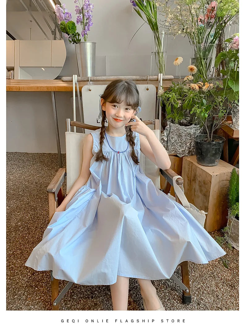 Summer Junior Girl Sleeveless Dress Solid Side Big Pockets Blue Ruched Dress For 2-10Y Girls Casual Round Collar Baby Girl Dress