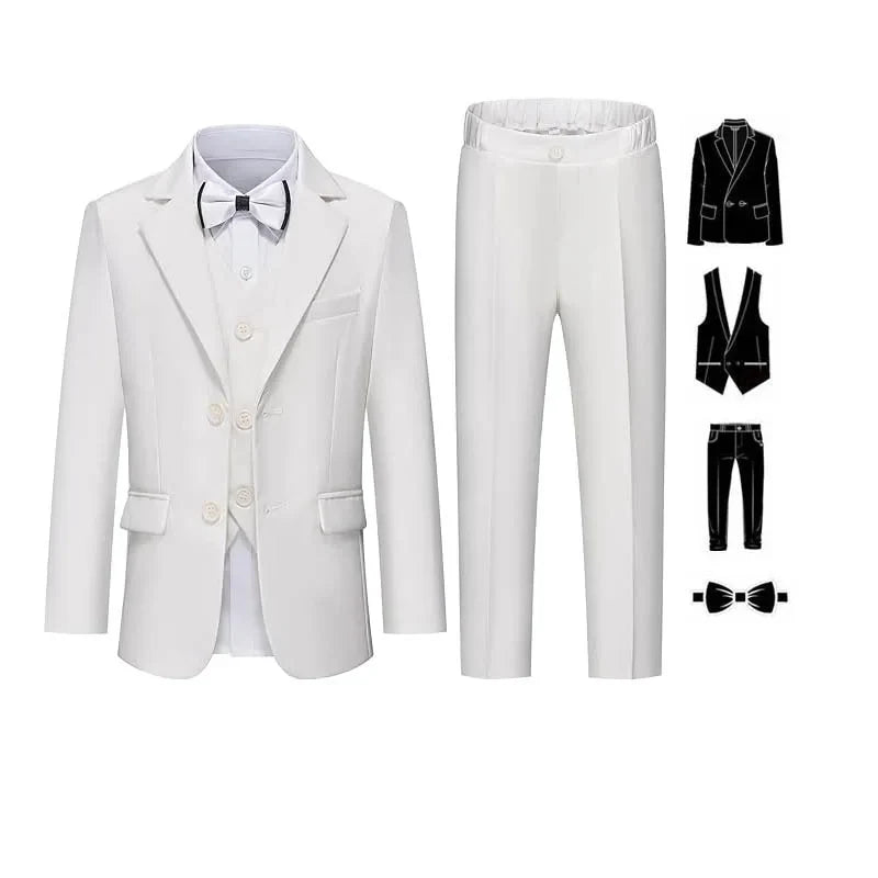 Gentleman Kids White Baptism Photograph Suit Children Slim Jacket Vest Pants Bowtie 4P Piano Dress Boys Prom Performance Costume