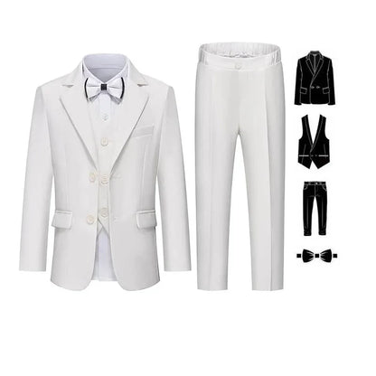 Gentleman Kids White Baptism Photograph Suit Children Slim Jacket Vest Pants Bowtie 4P Piano Dress Boys Prom Performance Costume