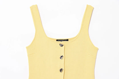 Vintage Casual Chic Yellow Women Cami Tops Solid Single Breasted Sleeveless Vest Fashion 2025 Spring Summer Holiday Tops