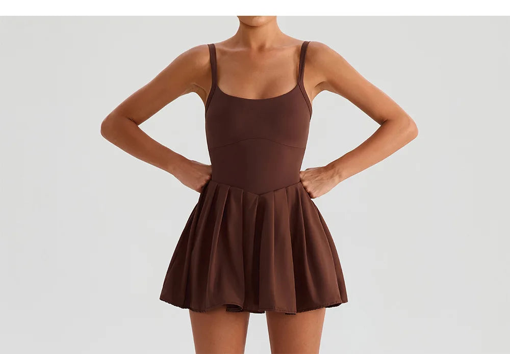 Women's Summer Sleeveless Sports Dress Breathable Tennis Dress One-Piece Mini Skirt Golf Skirts Jumpsuit With Pockets