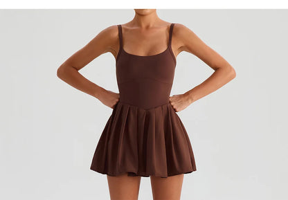 Women's Summer Sleeveless Sports Dress Breathable Tennis Dress One-Piece Mini Skirt Golf Skirts Jumpsuit With Pockets