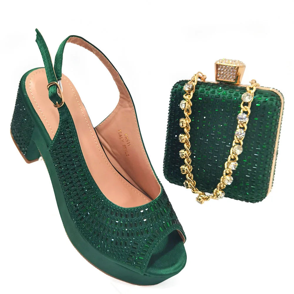 Wedding Shoes for Women Bride Platform Heels Italian Full Drill Design Elegant Shoes and Bags Matching Set