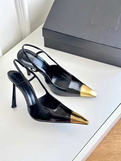 New Summer Women's High-heeled Sandals Gold Iron Head Patent Leather Black Stiletto Square Head Closed Toe Sling Back Shoes