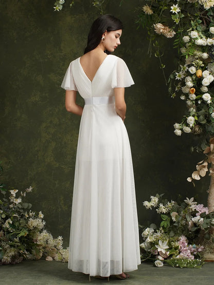 Empire Evening Dresses Cross V-Neck Tulle Short Sleeve Sashes Wedding Dress Sexy Backless Women's Formal Party Gowns