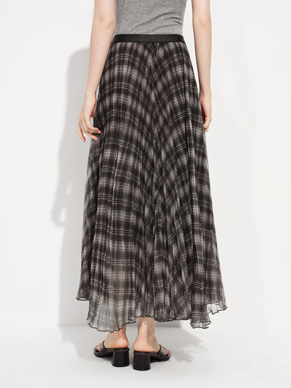 Retro Plaid Mesh A-line Skirt for Women New Spring Style for 2026 Flowing Draped Skirt Ankle-length Streetwear Citywalk Ins
