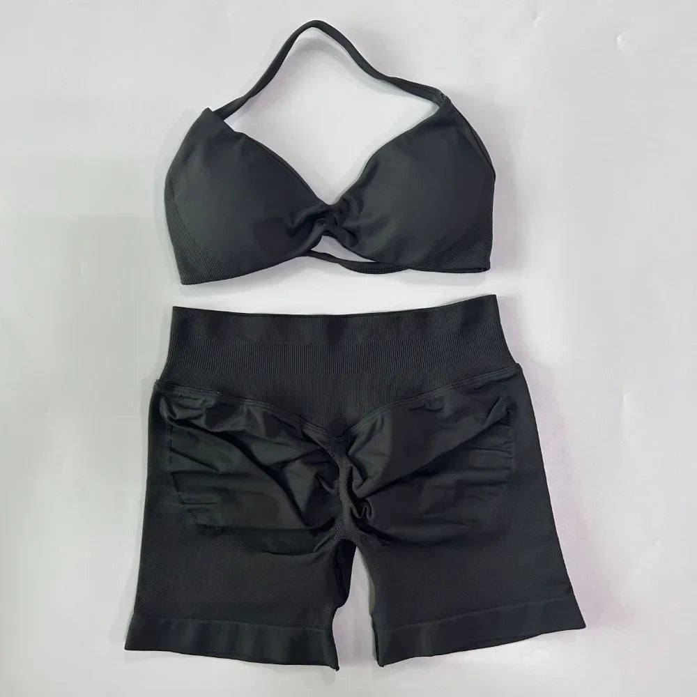 NO LOGO 2PCS Gym Set Women Strappy Yoga Bra Top High Waist Workout Scrunch Shorts Sports Suit Seamless Yoga Set Fitness Clothes