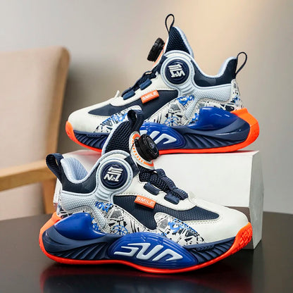 Leather Upper Children Basketball Shoes Rotatory Button Shock Absorbing Boys Shoes