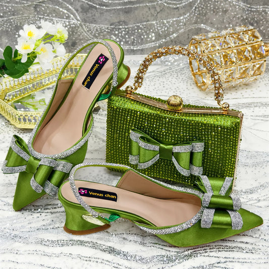 New Olive Green Pointed Toe INS Party Wedding Italy Design Women's High Heels Shoes and Bag to Match Italian