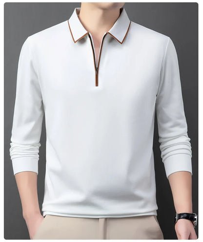 Light luxury brand long sleeved men's polo shirt autumn fashion flip collar half zipper design boutique top silk casual T-shirt