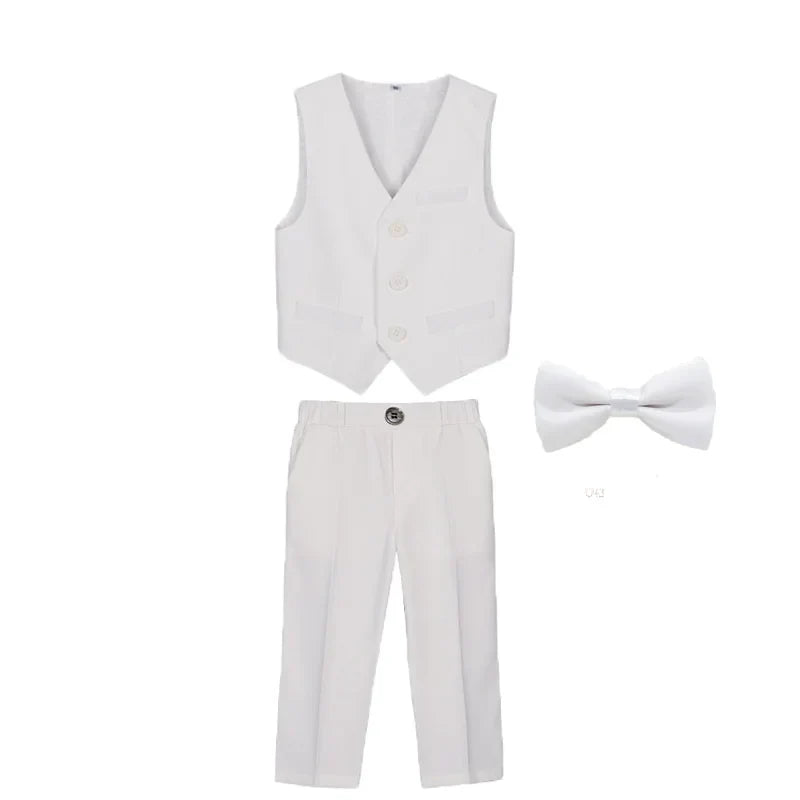 British Kids Summer White 3Pieces/Set Vest Pants Bowtie Photograph Suit Children Stage Performance Suit Boys Wedding Costume