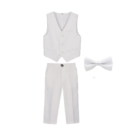 British Kids Summer White 3Pieces/Set Vest Pants Bowtie Photograph Suit Children Stage Performance Suit Boys Wedding Costume