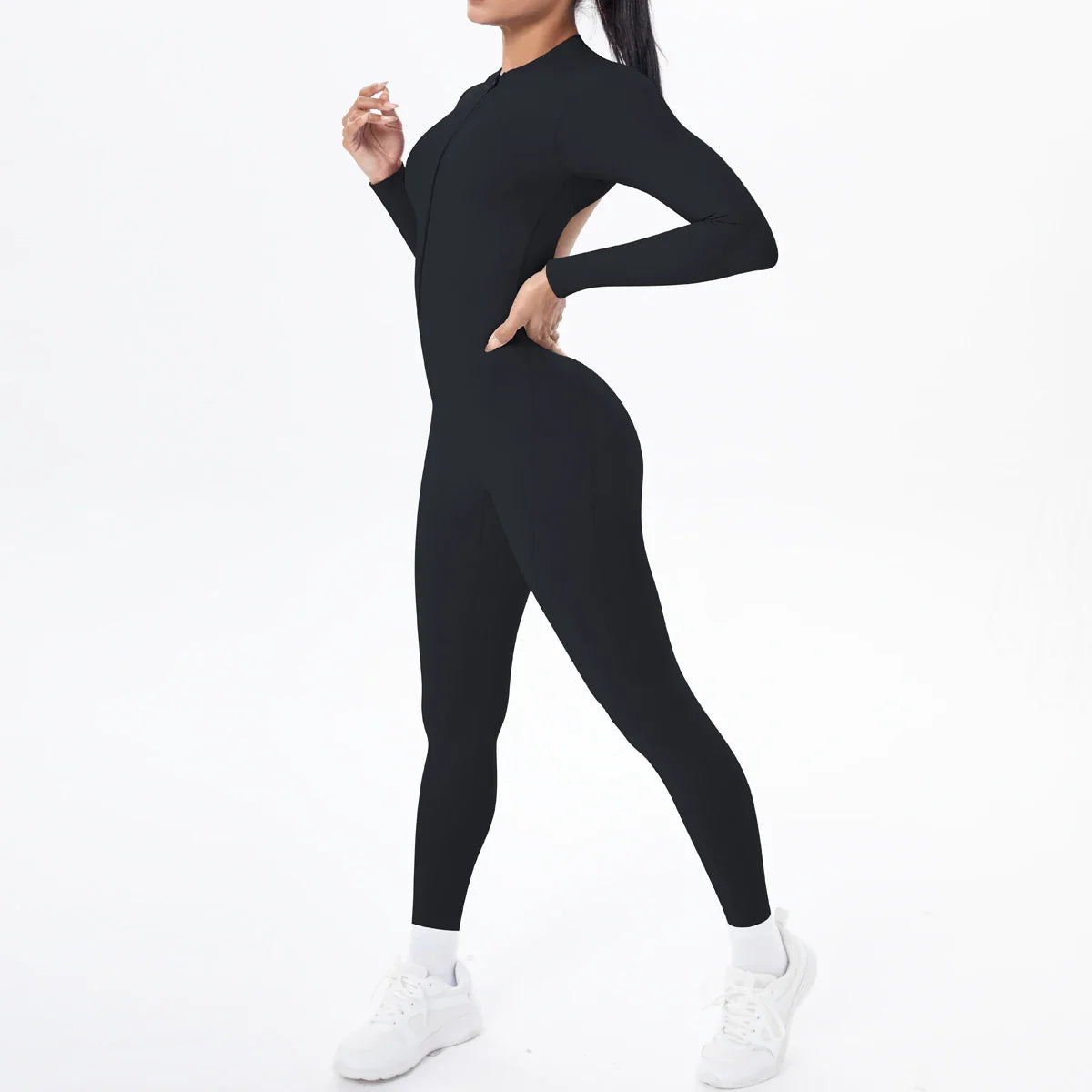 Solid Color Bodysuits for Woman's Backless Long Sleeved Zipper Yoga Jumpsuits High Dtrength Workout Sports Fitness Clothing Set