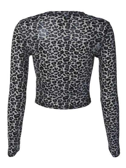 Sexy Long Sleeves Tops Mesh T Shirt Leopard Printed Bodycon Women Clothes Lady Party Club Streetwear Casual Nightout Y2K