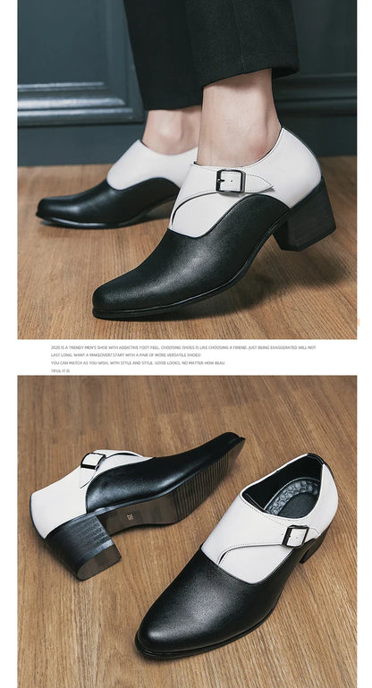 Dress Shoes Man Thick Heel Brogue Leather Men Wedding Party Social Shoe Male Business Casual White Platform Formal Shoes For Men